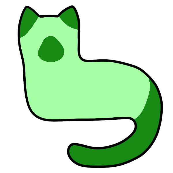green silhouette of a cat lying down with its head up and tail curved below. the tail, ears and place where the muzzle would be are dark